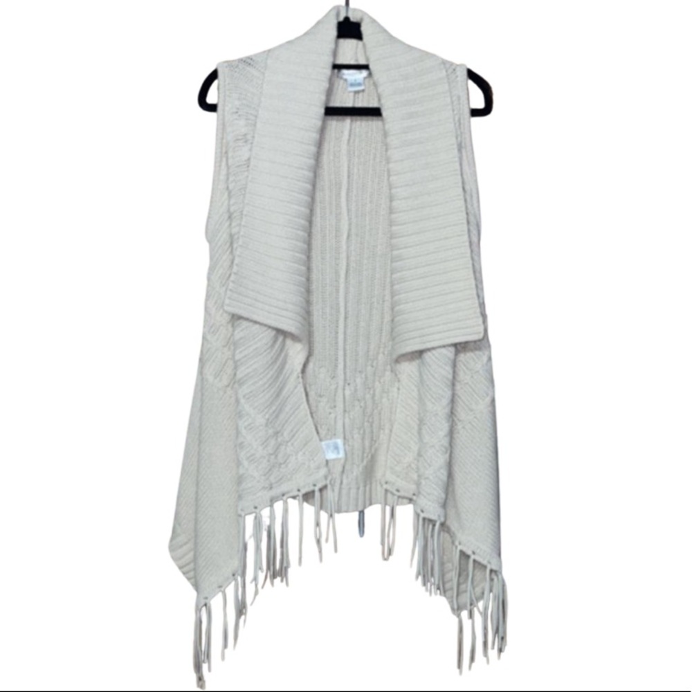 August Silk Sleeveless Cardigan W/ Fringe - Cream - Size S